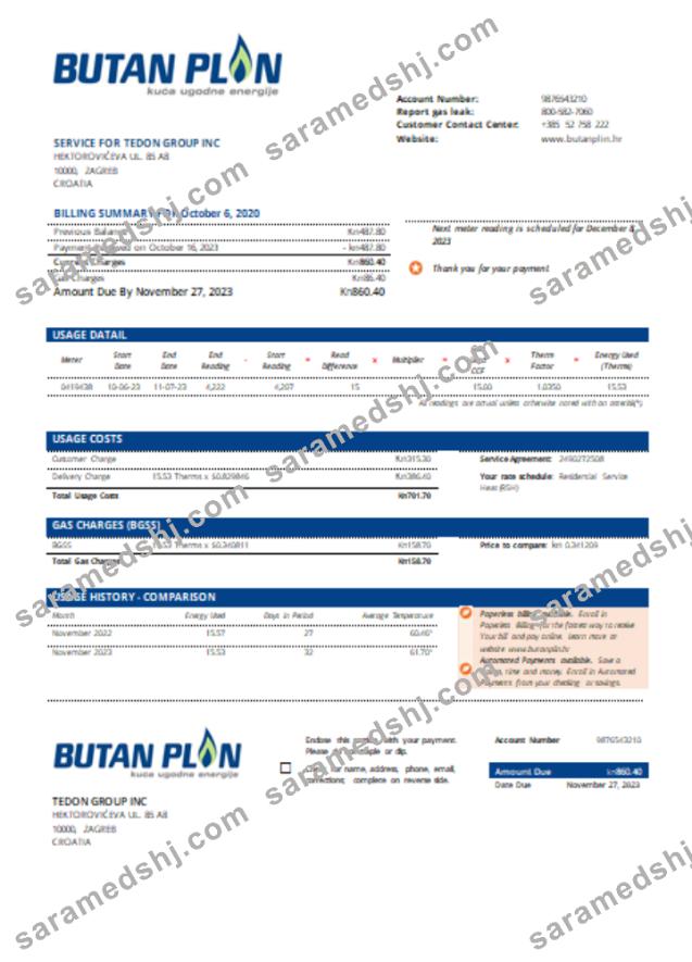 BUTAN PLIN d.o.o. gas utility business bill,  SCR